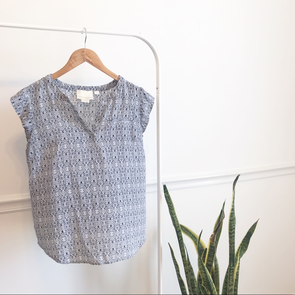 🚌 Cynthia Rowley | Navy Printed Top 100% Silk S